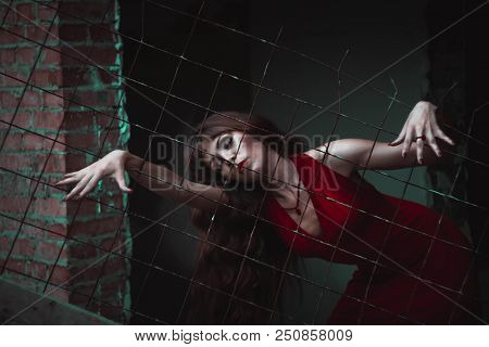 A Woman In A Dress Behind Bars Holds Out Her Hand