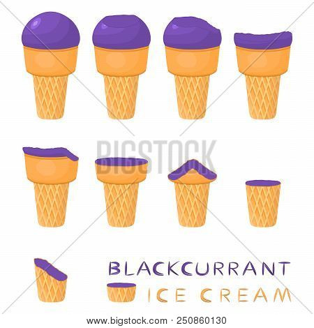 Vector Illustration For Natural Blackcurrant Ice Cream On Waffle Cone. Ice Cream Pattern Consisting 
