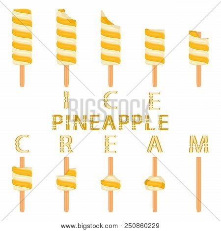 Vector Illustration Logo For Natural Pineapple Ice Cream On Stick. Ice Cream Pattern Consisting Of S