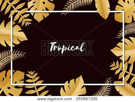 Composition With Luxury Golden Jungle Leaves On White Background In Paper Cut Style. Tropical White 