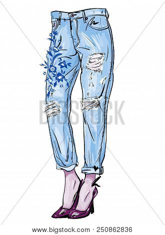 Fashion Illustration Of Femail Legs In Blue Boyfriend Jeans With Holes