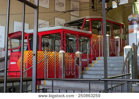 Bergamo, Italy - May 10, 2018: Funiculare San Vigilio - Red Funicular In Old City Of Bergamo. The Fu