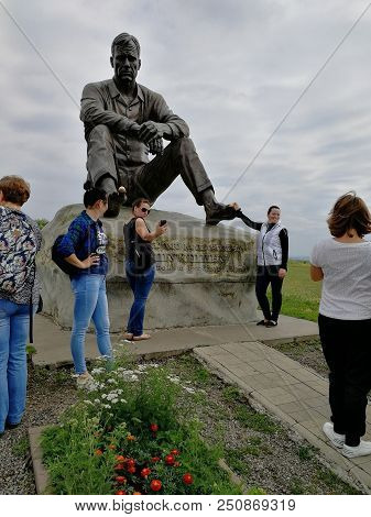 Srostki, Siberia, Altai Region, Russia - 24 July, 2018: Bronze Monument Of Soviet Writer Vasily Maka