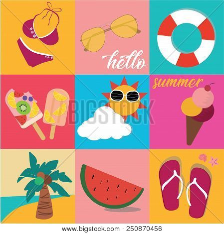 Vintage Bright Pastel Colour Summer Icon Set