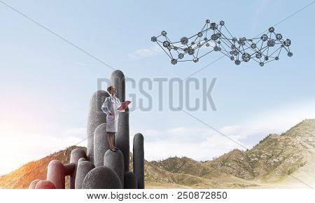 Young Female Doctor With Folder In Hands Satnding On Stone Column. 3d Rendering