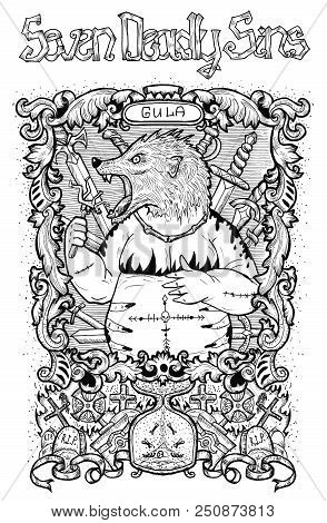 Gluttony. Latin Word Gula Means Overweight Or Obesity. Seven Deadly Sins Concept, Black And White Li