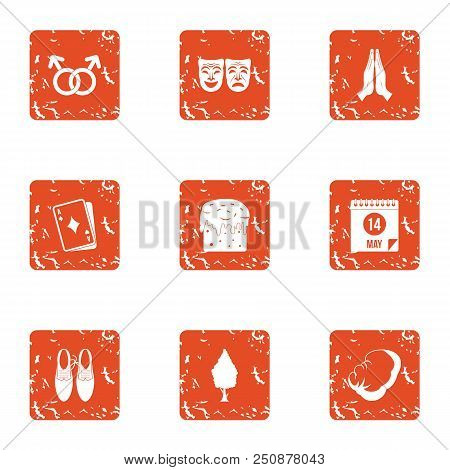 Romance Novel Icons Set. Grunge Set Of 9 Romance Novel Vector Icons For Web Isolated On White Backgr
