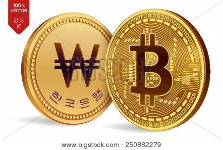 Bitcoin. Won. 3d Isometric Physical Coins. Digital Currency. Korea Won Coin. Cryptocurrency. Golden 