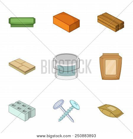 Construct Material Icons Set. Cartoon Set Of 9 Construct Material Vector Icons For Web Isolated On W