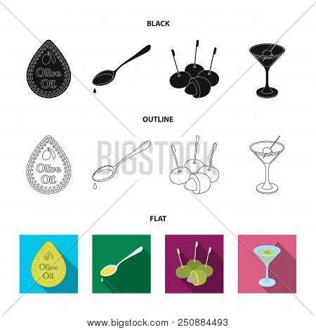 Label Of Olive Oil, Spoon With A Drop, Olives On Sticks, A Glass Of Alcohol. Olives Set Collection I