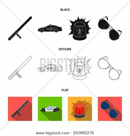 Police Baton, Auto, Flasher, Glasses.police Set Collection Icons In Black, Flat, Outline Style Vecto