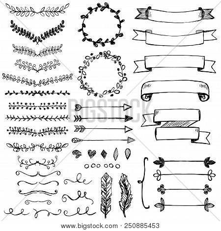 Set Of Hand Drawn Design Elements. Arrows, Wreath, Floral Elements And Swrils.