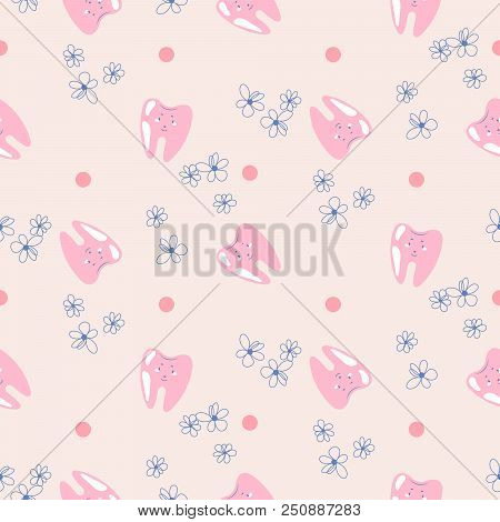 Cute Teeth Baby Dental Pink Pattern Background. Seamless Tooth Vector Pattern For Clinic Uniform Fab