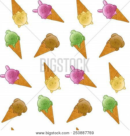 Animal Ice Cream Seamless Pattern Isolated On White Background. Kawaii Repeat Wallpaper With Dog, Pa