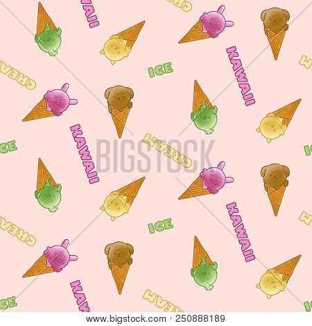 Animal Ice Cream And Lettering Seamless Pattern Isolated On Pink Pastel Background. Kawaii Repeat Wa