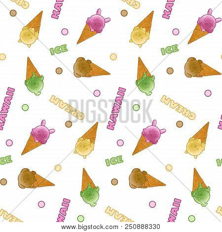 Animal Ice Cream And Lettering Seamless Pattern Isolated On White Background. Kawaii Repeat Wallpape