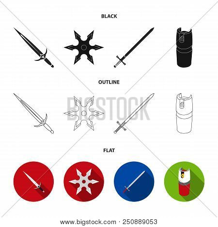 Sword, Two-handed Sword, Gas Balloon, Shuriken. Weapons Set Collection Icons In Black, Flat, Outline