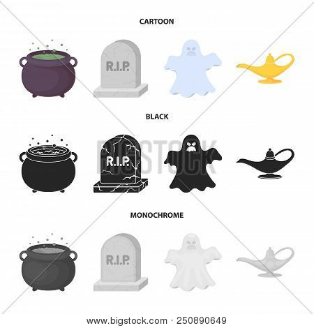 A Witch Cauldron, A Tombstone, A Ghost, A Gin Lamp.black And White Magic Set Collection Icons In Car