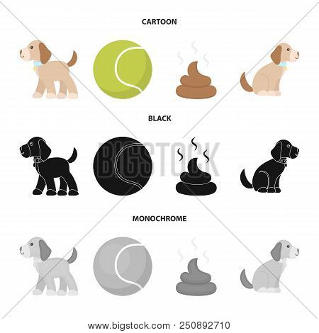 Dog Sitting, Dog Standing, Tennis Ball, Feces. Dog Set Collection Icons In Cartoon, Black, Monochrom
