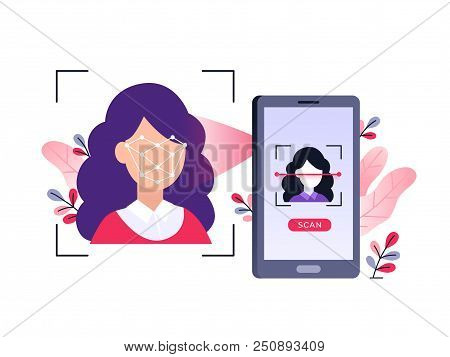 Smartphone Scans A Woman Face. Biometric Identification. Facial Recognition System Concept. Mobile A