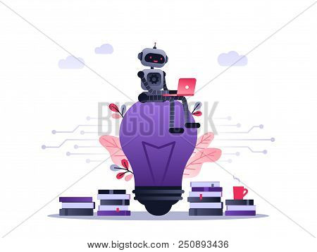 Machine Learning Algorithm Concept With Artificial Neural Network, Deep Learning. Robot With Laptop 
