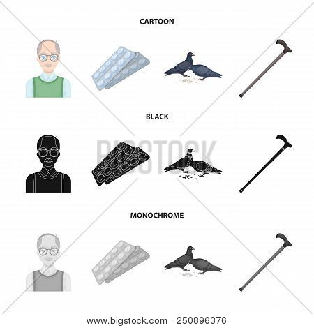 Elderly Men, Tablets, Pigeons, Walking Cane.old Age Set Collection Icons In Cartoon, Black, Monochro