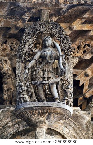Shilabalika, Celestial Maiden, As A Dolu Kunita. A Lady Is Palying A Drum And Dancing . Chennakeshav