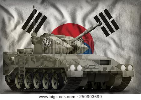 Light Tank Apc With Pixel City Camouflage On The Republic Of Korea (south Korea) Flag Background. 3d