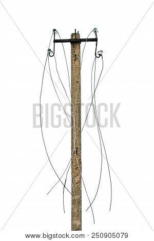 Old Power Line Post With Ripped Electric Wires Hanging On It Isolated On White Background