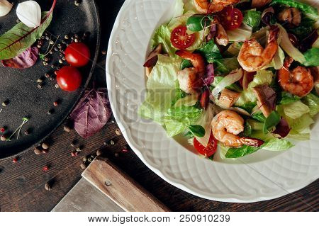 Vegetable Salad With Shrimps Composition Dark Wood Background
