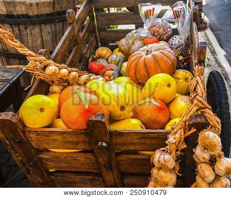 Cart With Melons, Pumpkins, Onions And Pomelo