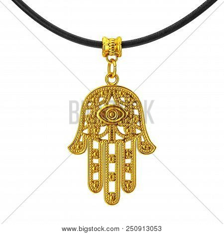 Golden Hamsa, Hand Of Fatima Amulet Coulomb On A White Background. 3d Rendering