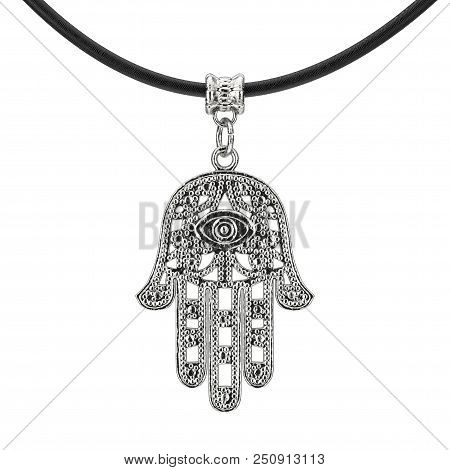 Silver Hamsa, Hand Of Fatima Amulet Coulomb On A White Background. 3d Rendering