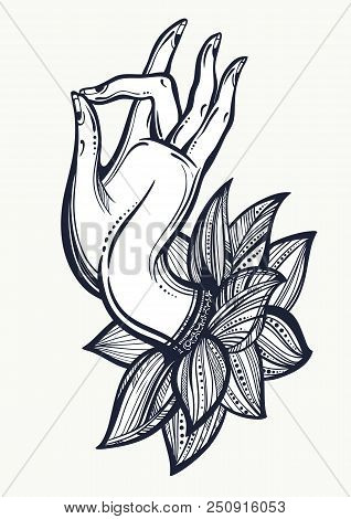 Beautiful High-detailed Buddha S Hand Illustration. Engraved Vector Art Isolated. Tattoo, Spiritualy