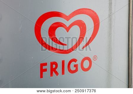 Barcelona, Spain - June 7, 2018: Logo Of Frigo. Frigo Is Brand Of Ice Cream Made By Unilever.
