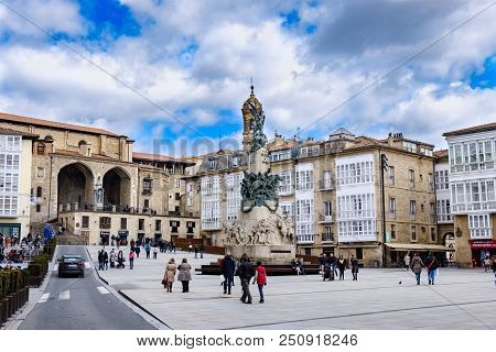 Alava, Spain. April 23, 2018: Square Of The White Virgin Located In The Center Of The City With A St