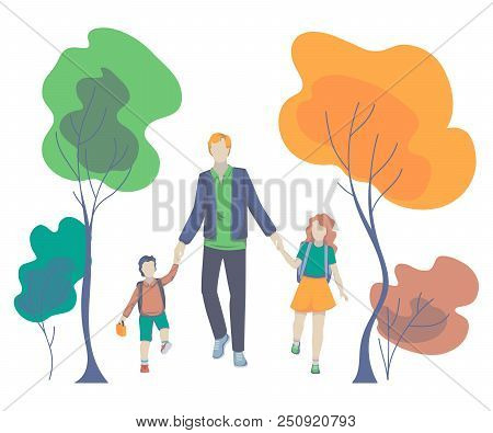 Father, Son And Daughter Go Together. Parent Taking Children To School. Back To School. Concept Of F