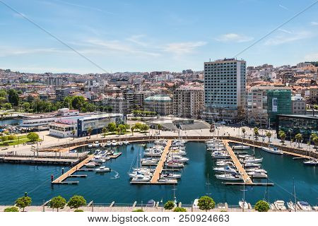 Vigo, Spain - May 20, 2017: Cityscape Of Vigo With Moored Yachts In Vigo, Galicia, Spain.