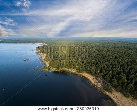 Aerial View Of Seashore With Beach, Lagoons And Coral Reefs. Coastline With Sand And Water. Tropical