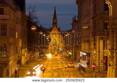 Brno, Czech Republic - April 23, 2018: Church Of Jan Amos Komensky (red Church) In The Evening City 