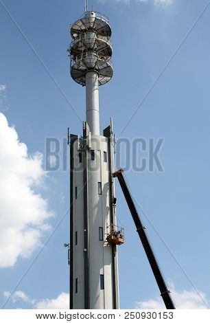 Groningen.july-24-2018. Working On The Antenna Tower Of The Former Kpn Building In The City Of Groni