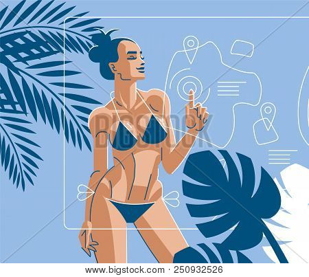 Travel Agency Illustration. A Woman On The Beach, In Summer, In A Swimsuit Chooses A Point On The Ma