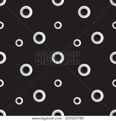 Golden Eyelet Seamless Pattern Isolated On Black Background. Metal Polka Dot With Hole Imitation. Ve