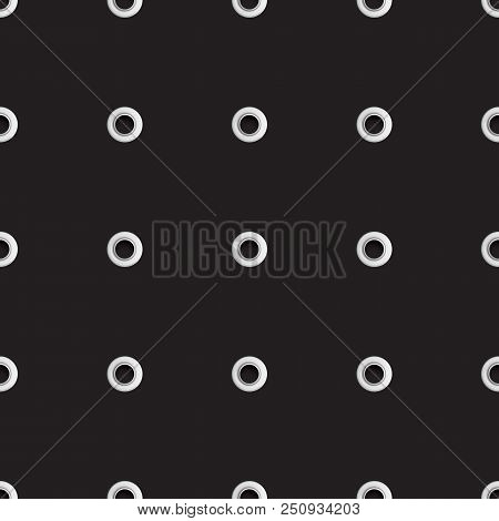 Golden Eyelet Seamless Pattern Isolated On Black Background. Metal Polka Dot With Hole Imitation. Ve
