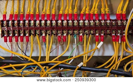 The Electric Wire On Voltage Box,the Instrial Control Panet With Wires,the Electrial System,blurry L