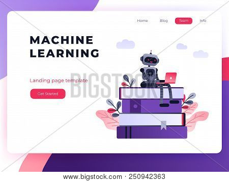 Machine Learning Algorithm Concept With Artificial Neural Network, Deep Learning. Robot With Laptop 