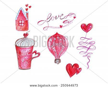 5632522 Hand Drawn Watercolor Pencils Elements Decoration Valentine's Day
