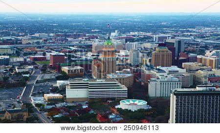 An Aerial View Of San Antonio City Center At Twiligh