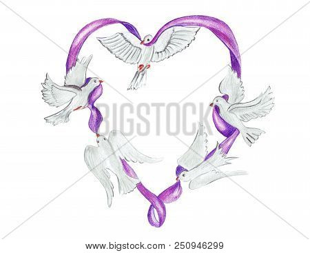 Hand Drawing Watercolor Pencils Doves Hovering Around The Tape In The Shape Of Heart