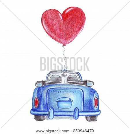 Hand Drawing Watercolor Pencils Machine With The Newlyweds Riding On A Journey With Hearts In The Fo